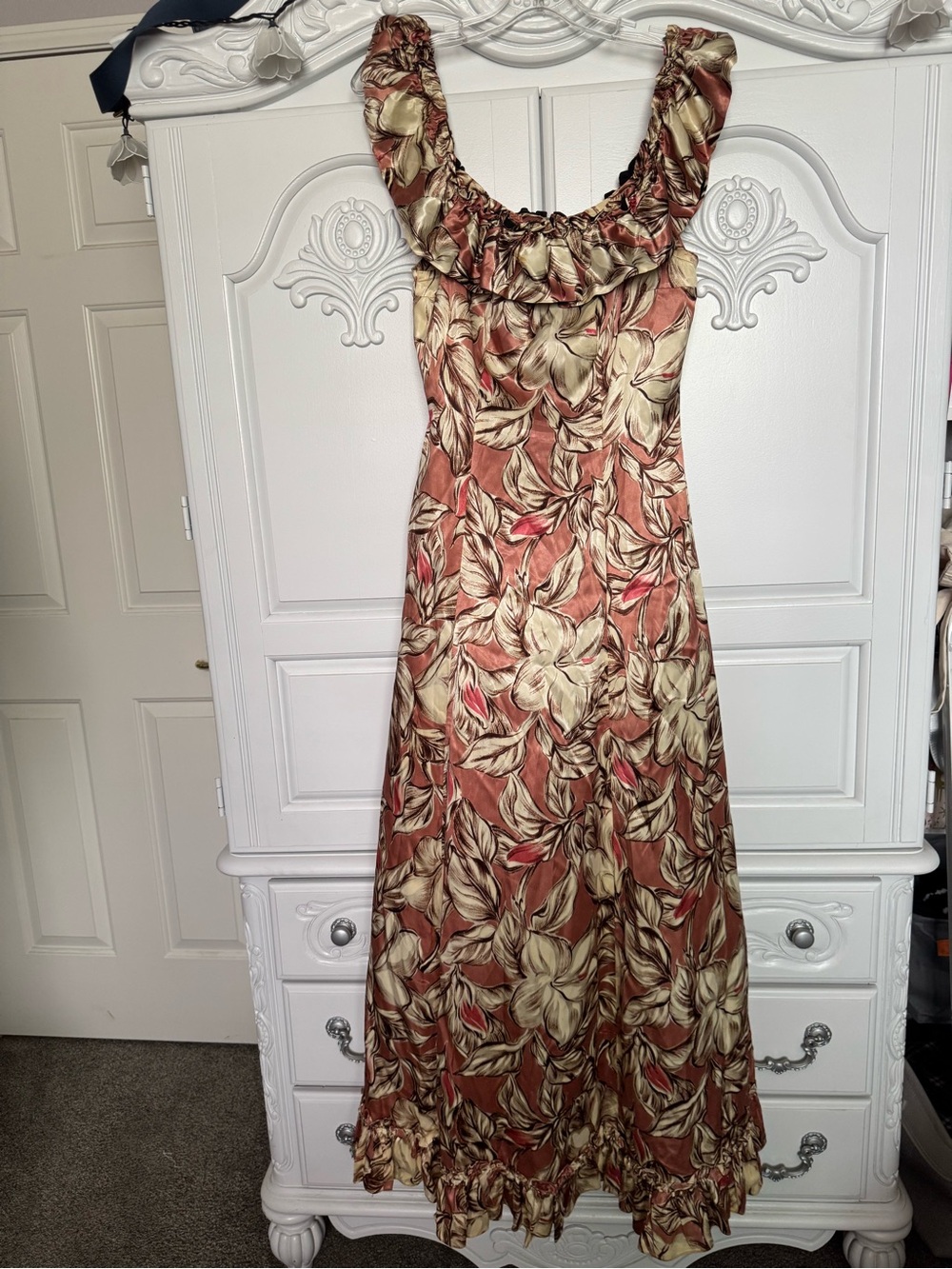 Ruffled Floral Maxi Dress in Tan and Cream